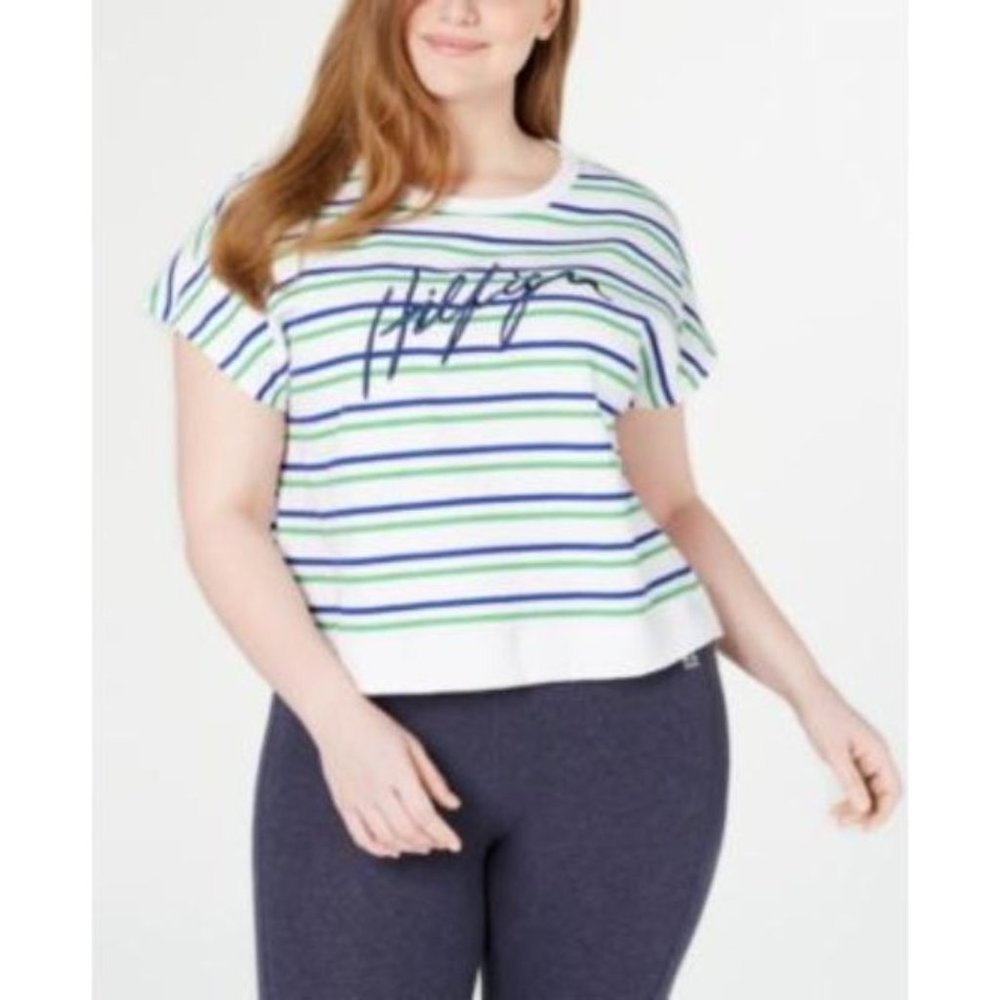 *NEW With TAGS* TOMMY HILFIGER Women's Green Striped Cap Sleeve Crew Neck Top
